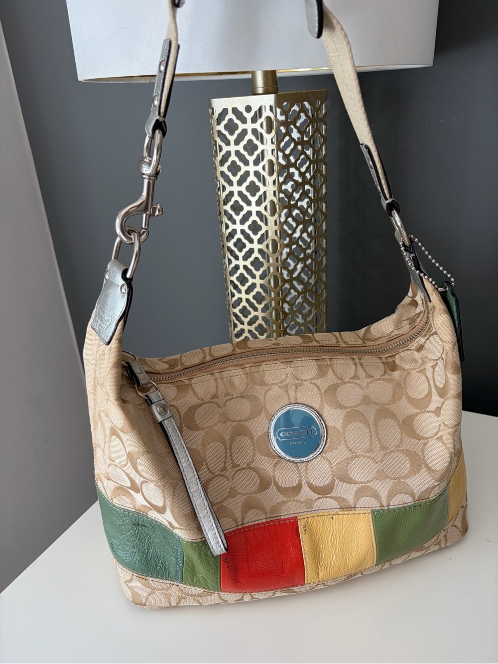 Coach Tan Signature Shoulder Bag with Green, Red & Yellow Accent